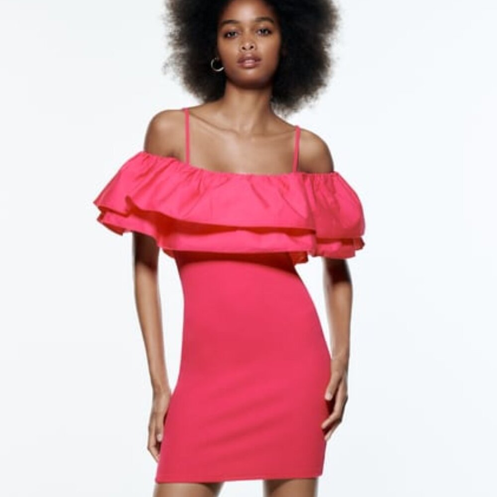Zara Pink Off The Shoulder Ruffle Dress